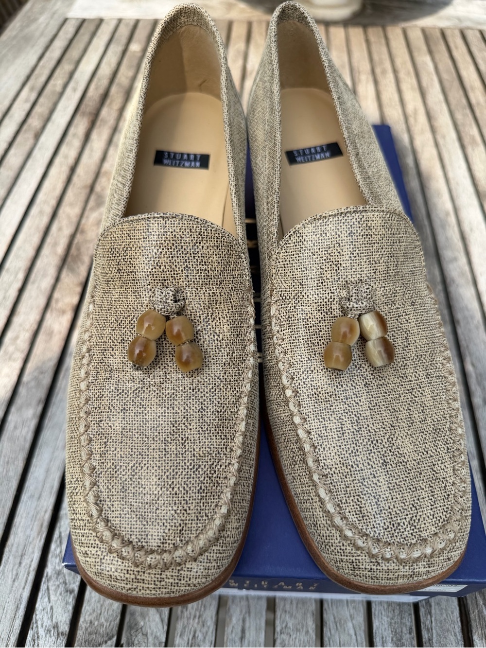 Stuart Weitzman Natural Raffia Loafers with Bead Tassels
